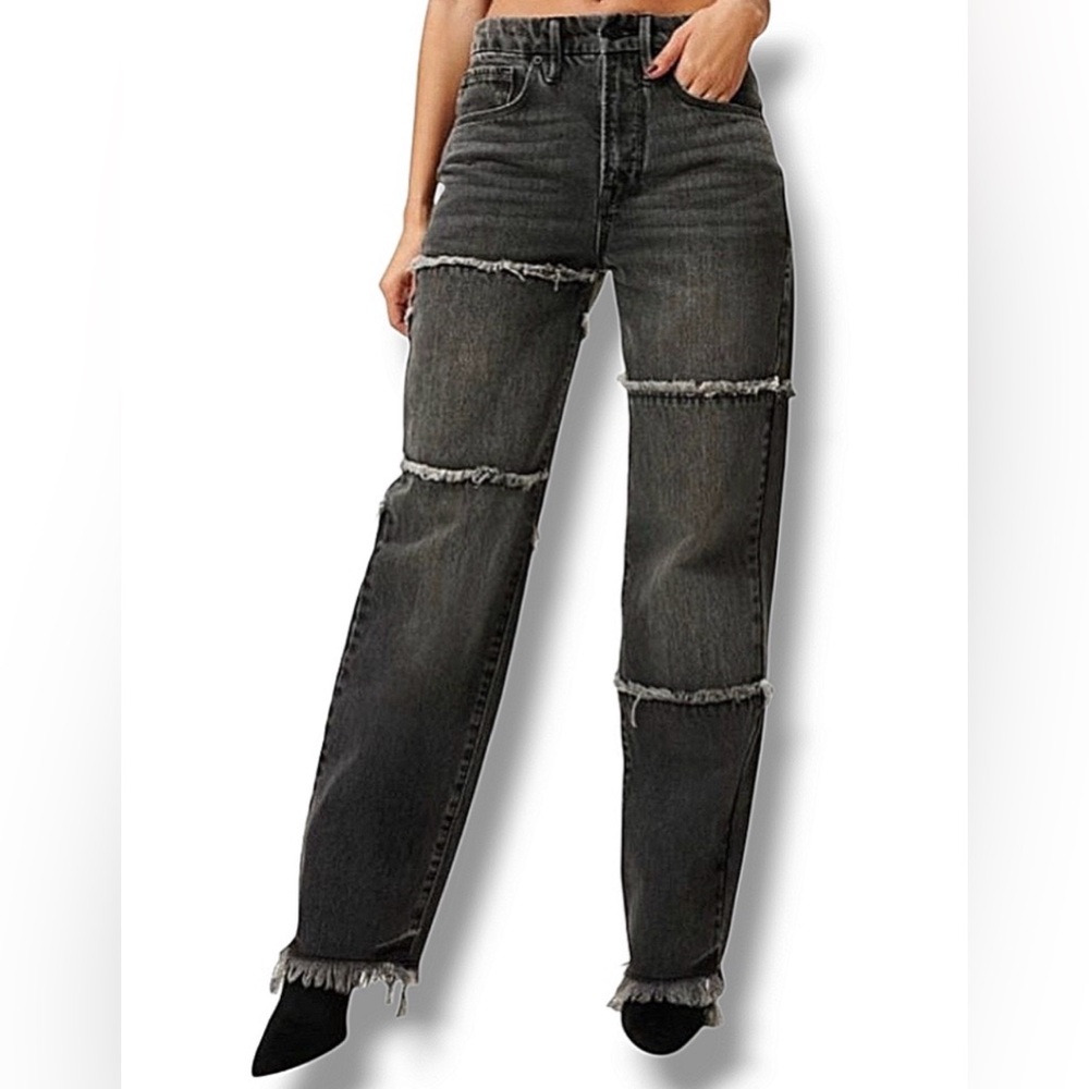 Good American Black High Rise 90s Straight Leg Frayed Jeans
